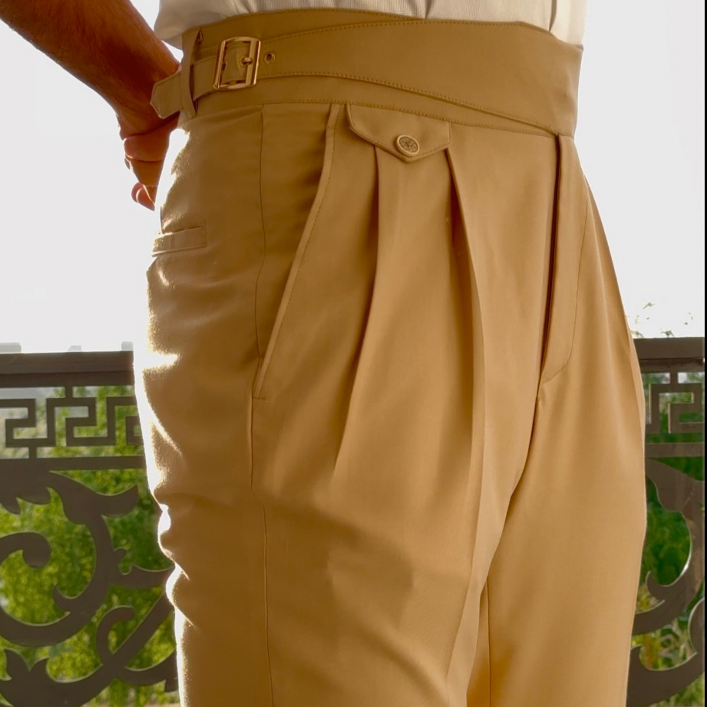 BEIGE GURKHA PANT: GOLD-BUCKLE EDITION