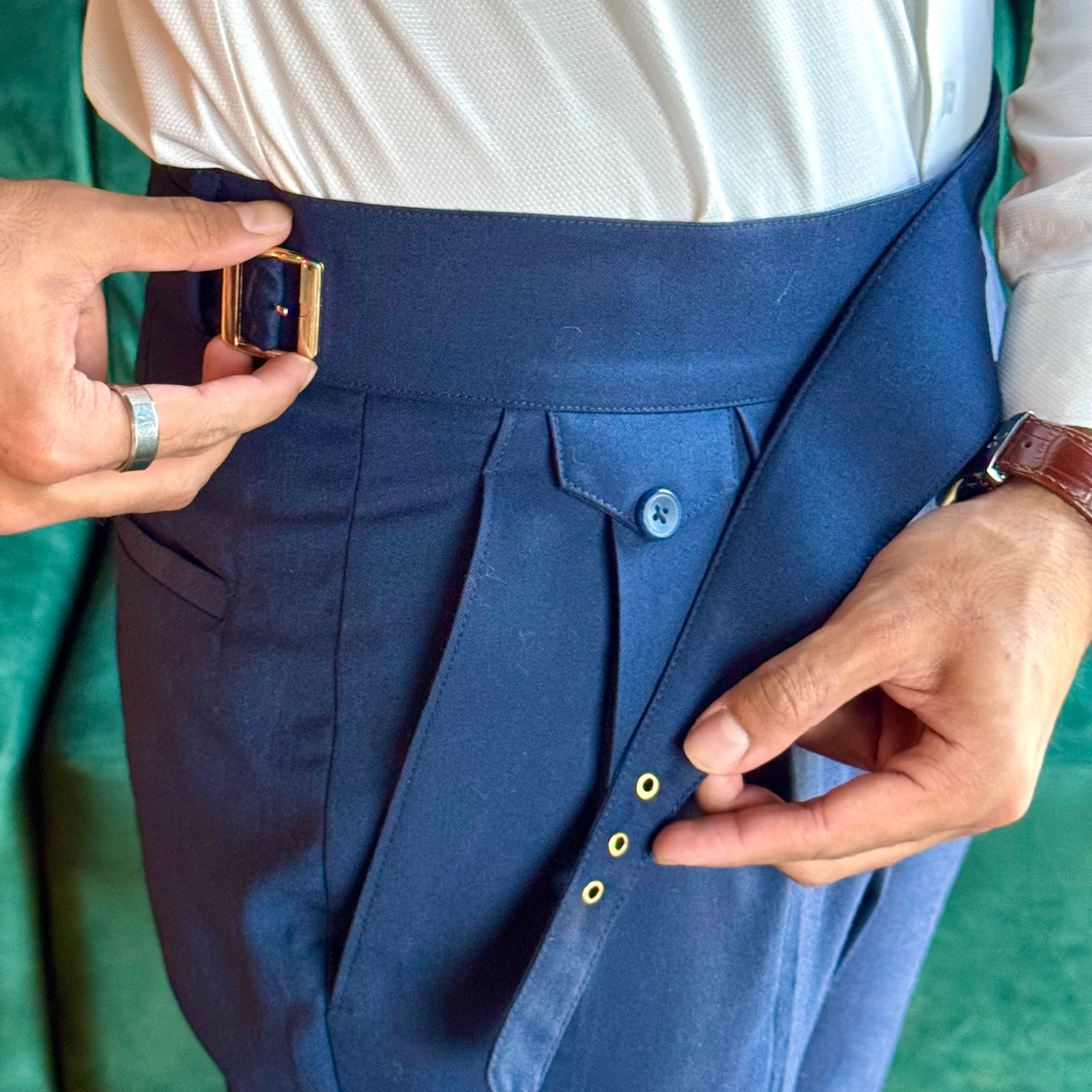 NAVY-BLUE GURKHA PANT: GOLD-BUCKLE EDITION