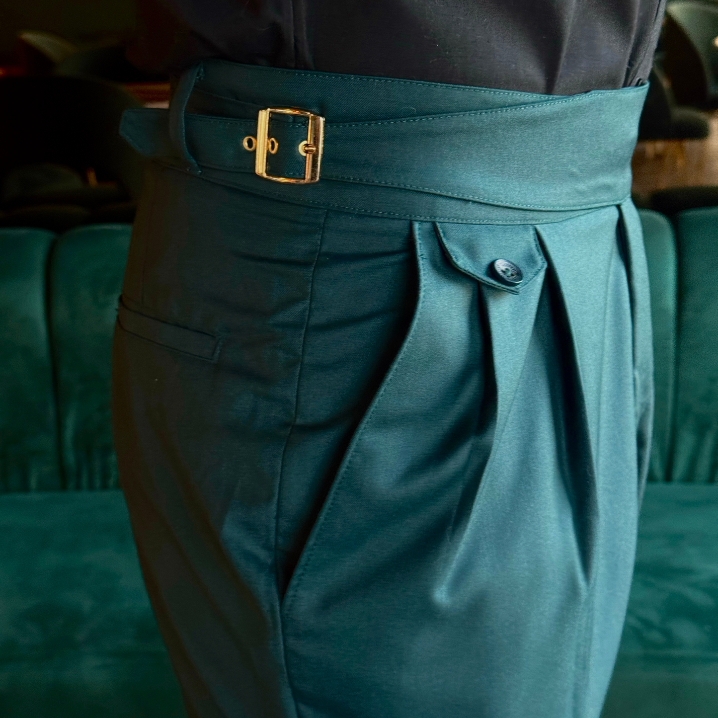 PREMIUM OLIVE GREEN GURKHA PANT: GOLD-BUCKLE EDITION