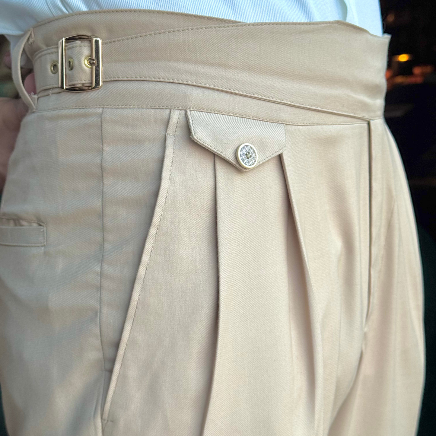 BEIGE GURKHA PANT: GOLD-BUCKLE EDITION