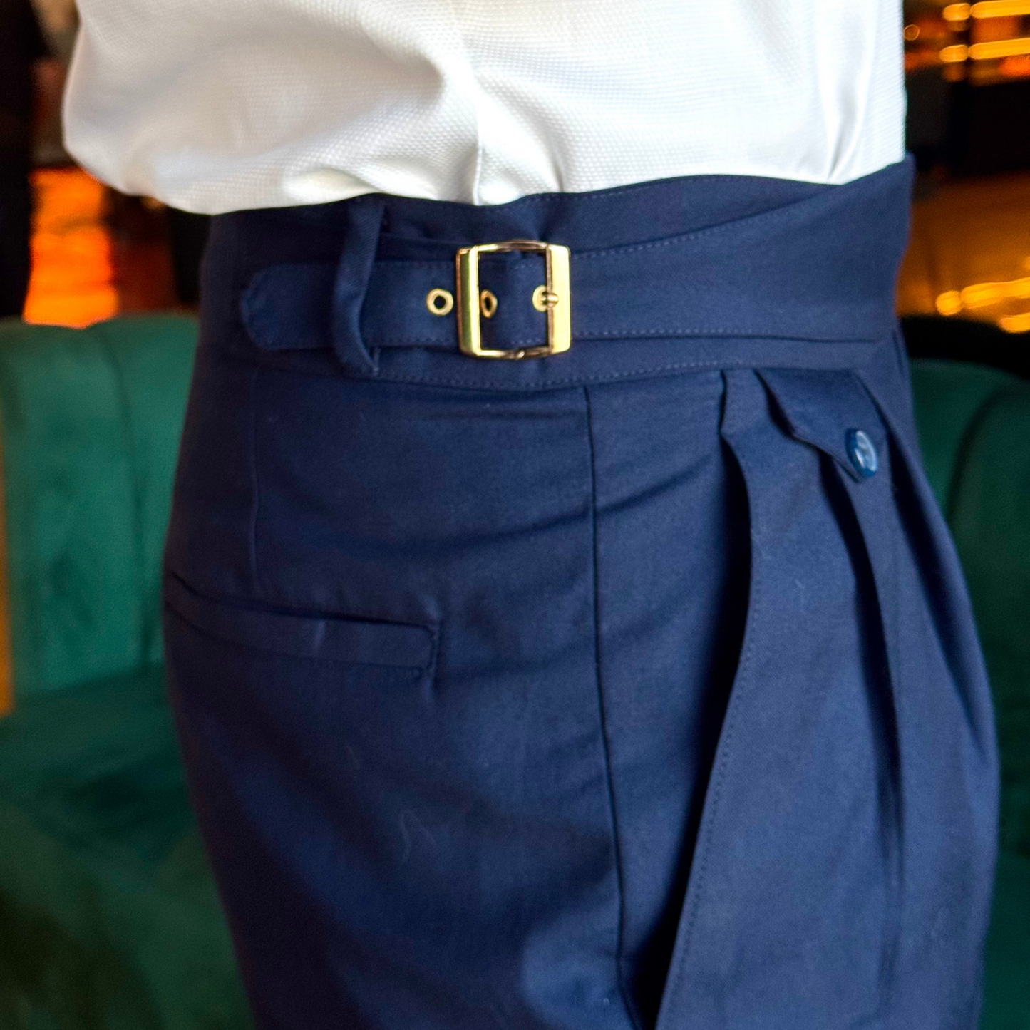 NAVY-BLUE GURKHA PANT: GOLD-BUCKLE EDITION